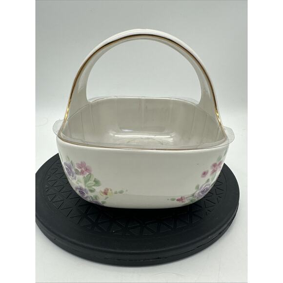 Teleflora Porcelain Basket Planter With Handle Pink Floral Design Plastic Liner - Picture 2 of 9